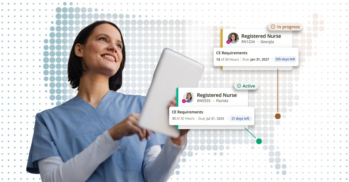 A smiling nurse in scrubs holding a tablet, with two overlaid CE Broker dashboard cards showing nursing license CE requirements and compliance status.